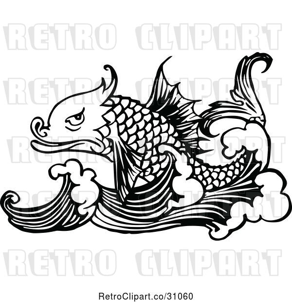 Vector Clip Art of Retro Fish and Waves