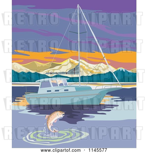 Vector Clip Art of Retro Fish Leaping by a Sailbot at Sunset