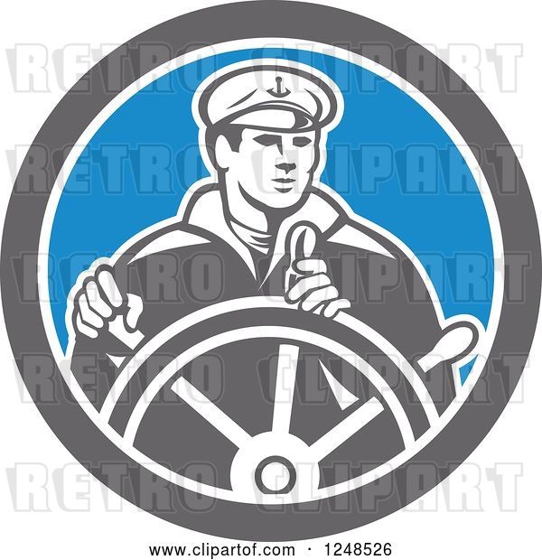 Vector Clip Art of Retro Fisher Man Ship Captain Steering a Helm
