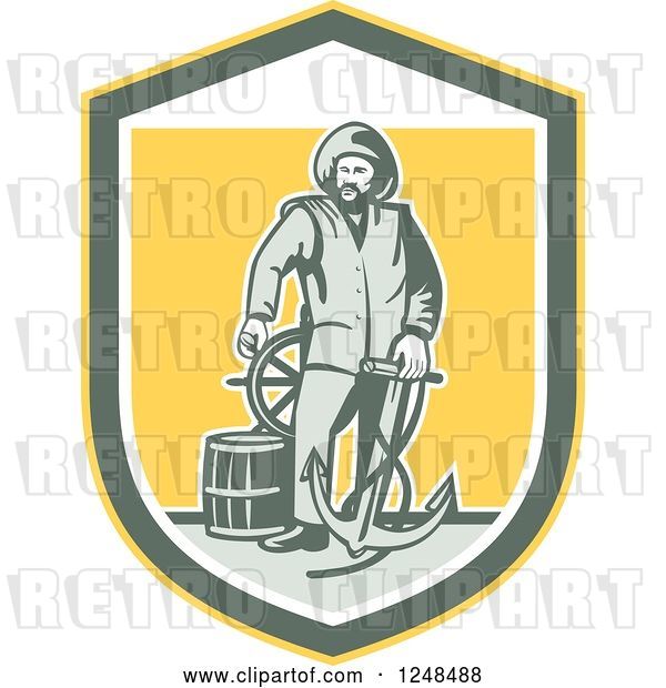 Vector Clip Art of Retro Fisher Man with an Anchor Drum and Helm in a Shield