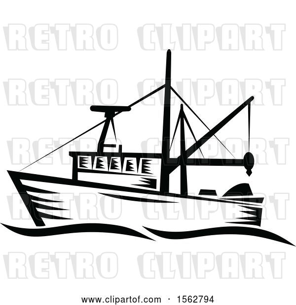 Vector Clip Art of Retro Fishing Boat with Waves