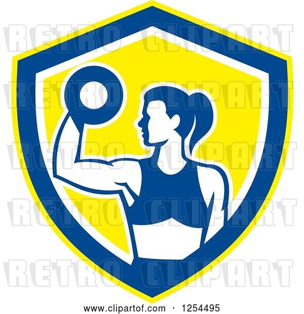 Vector Clip Art of Retro Fit Lady Doing Bicep Curls with a Dumbbell in a White Blue and Yellow Shield