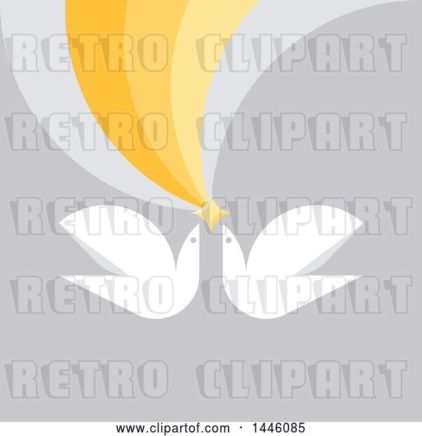 Vector Clip Art of Retro Flat Styled Peace Dove Pair Flying with a Star, on Gray