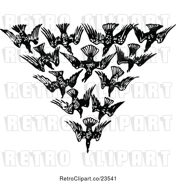 Vector Clip Art of Retro Flock of Birds in a V