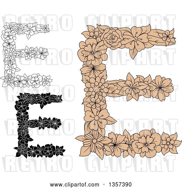 Vector Clip Art of Retro Floral Capital Letter E Designs