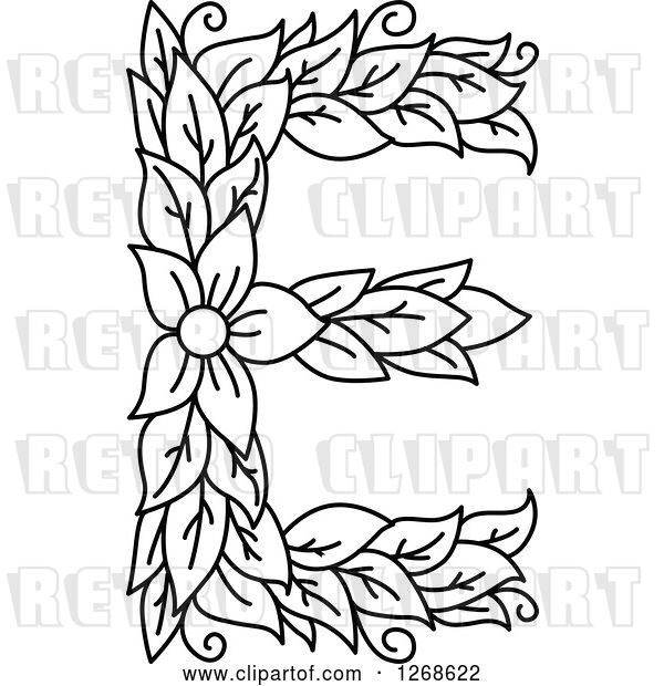 Vector Clip Art of Retro Floral Capital Letter E with a Flower