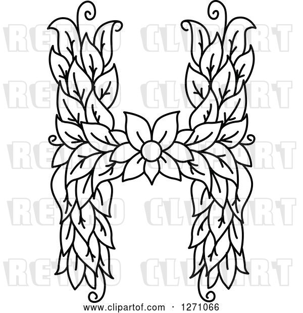 Vector Clip Art of Retro Floral Capital Letter H with a Flower