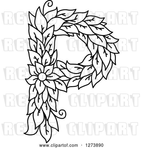 Vector Clip Art of Retro Floral Capital Letter P with a Flower