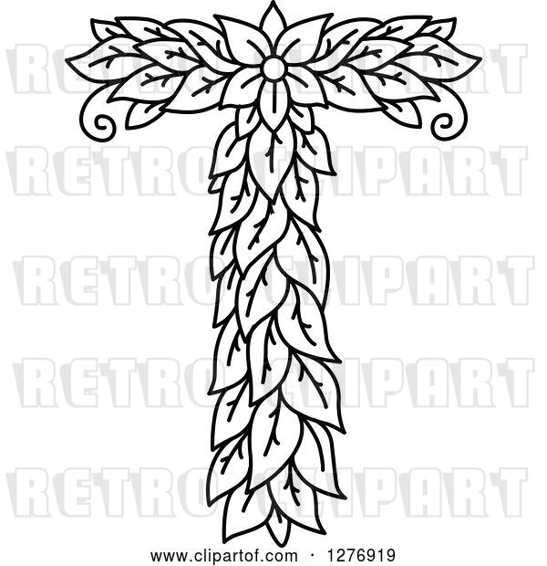 Vector Clip Art of Retro Floral Capital Letter T with a Flower