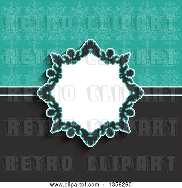 Vector Clip Art of Retro Floral Frame over a Gray and Turquoise Snowflake Background