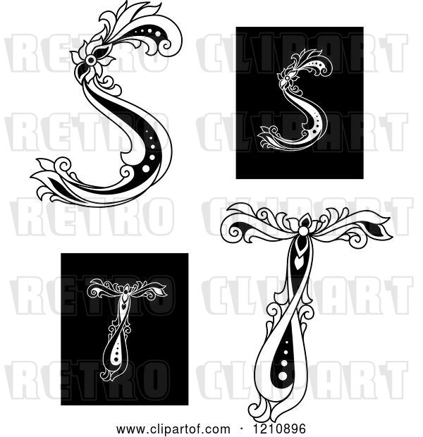 Vector Clip Art of Retro Floral Letter S and T