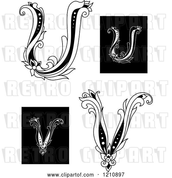 Vector Clip Art of Retro Floral Letter U and V
