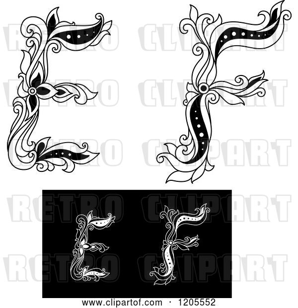 Vector Clip Art of Retro Floral Letters E and F 2
