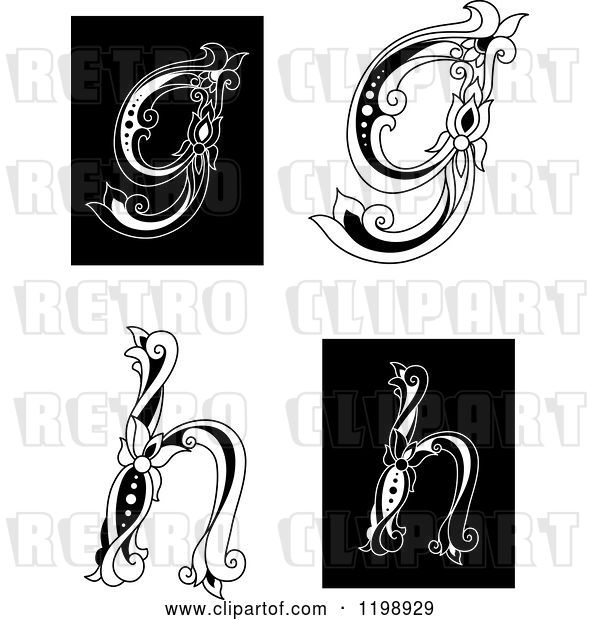 Vector Clip Art of Retro Floral Letters G and H