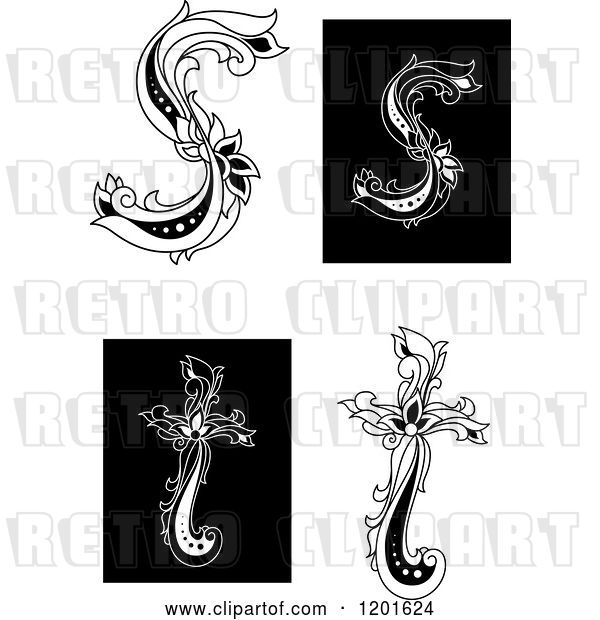Vector Clip Art of Retro Floral Letters S and T