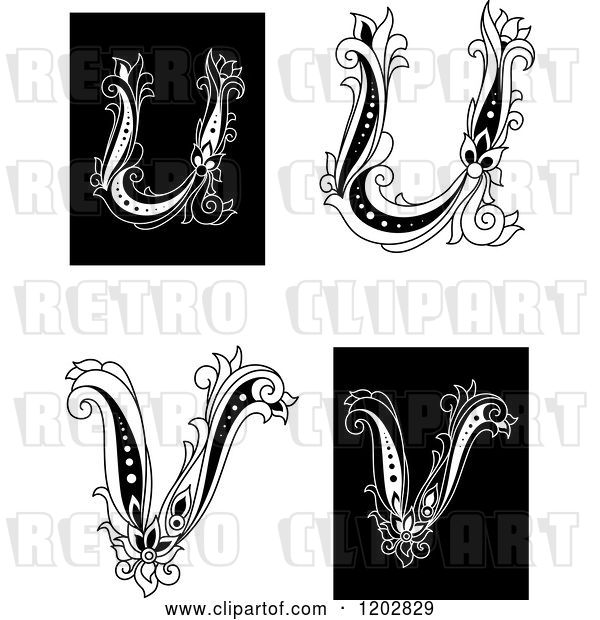 Vector Clip Art of Retro Floral Letters U and V