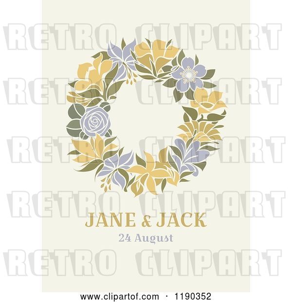 Vector Clip Art of Retro Floral Wreath Wedding Design on Beige, with Sample Text