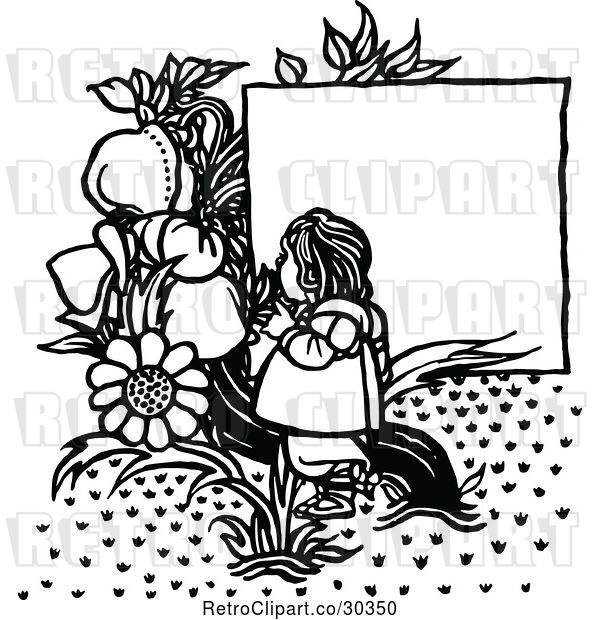 Vector Clip Art of Retro Flowers and Girls by a Sign