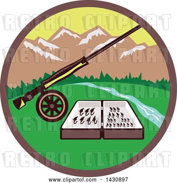 Vector Clip Art of Retro Fly Box and Rod on Wheel in a Circle with a River and Mountains