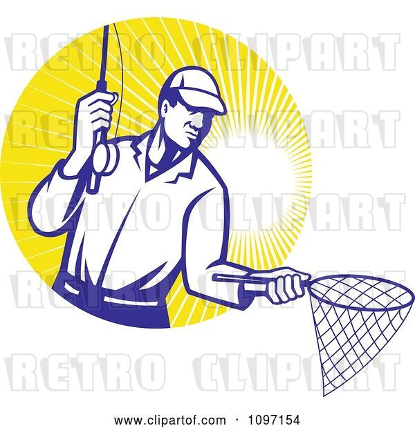 Vector Clip Art of Retro Fly Fisher Man Holding out a Fishing Net over a Circle of Sun Rays