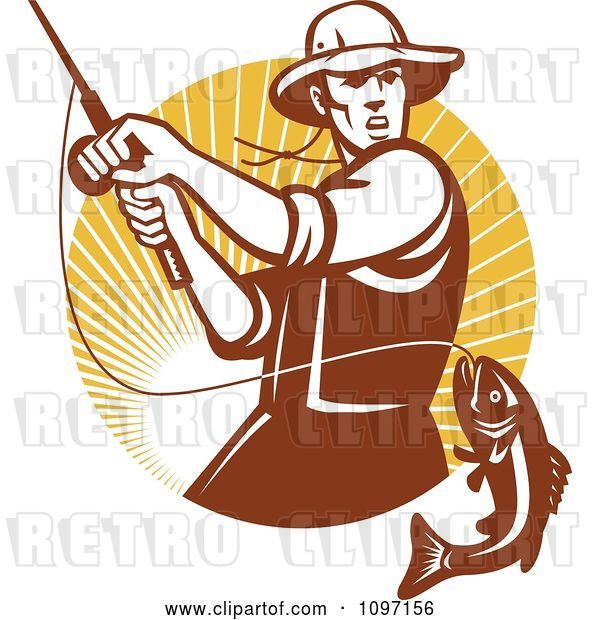 Vector Clip Art of Retro Fly Fisher Man Reeling in a Largemouth Bass Fish in a Circle of Rays