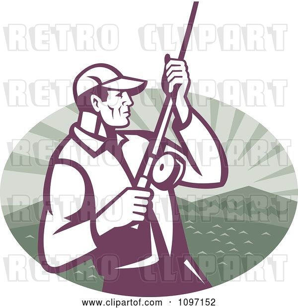 Vector Clip Art of Retro Fly Fisher Man Reeling in His Catch on a Lake Shore over a Mountain and Water Oval