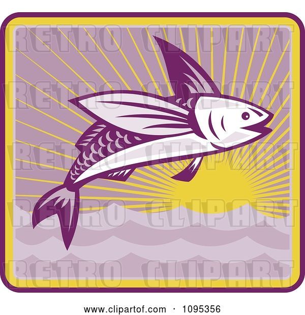 Vector Clip Art of Retro Flying Fish and Sunset