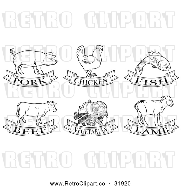 Vector Clip Art of Retro Food Options: Pork, Chicken, Fish, Beef, Vegetarian and Lamb in Black Lineart