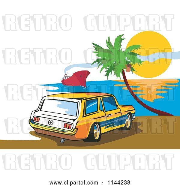 Vector Clip Art of Retro Ford Mustang Station Wagon Car on a Beach