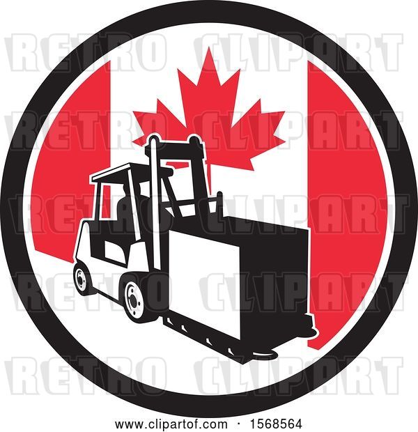 Vector Clip Art of Retro Forklift Moving a Box in a Canadian Flag Circle