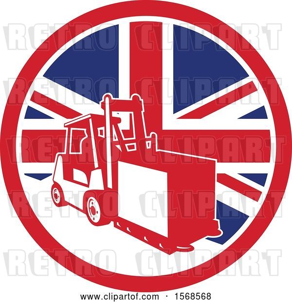 Vector Clip Art of Retro Forklift Moving a Box in a Union Jack Flag Circle