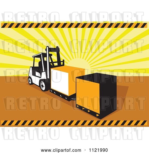 Vector Clip Art of Retro Forklift Moving Crates over Sun Rays