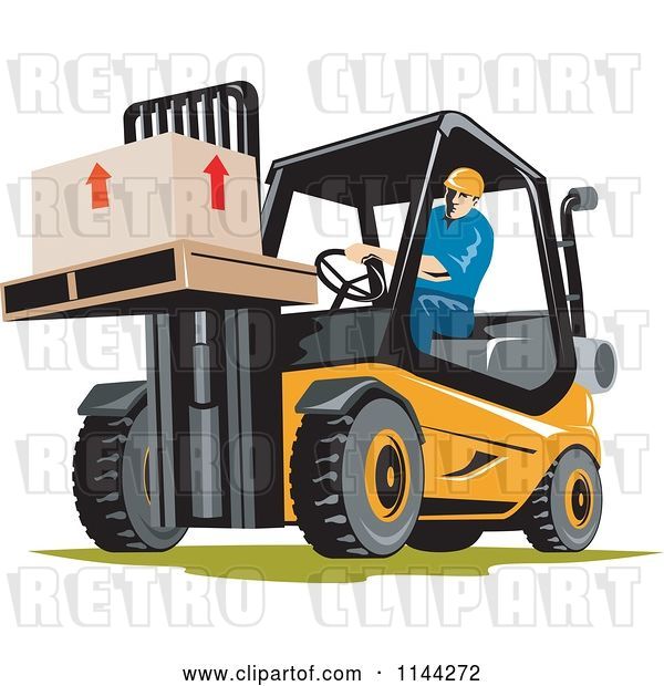 Vector Clip Art of Retro Forklift Operator Moving Boxes