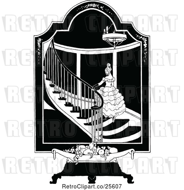 Vector Clip Art of Retro Formal Lady on a Staircase