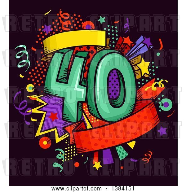 Vector Clip Art of Retro Fortieth Anniversary or Birthday Design with Number 40 and Colorful Stars and Confetti