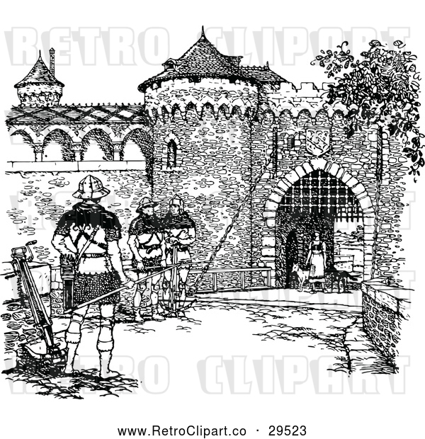 Vector Clip Art of Retro Fortress with Guards
