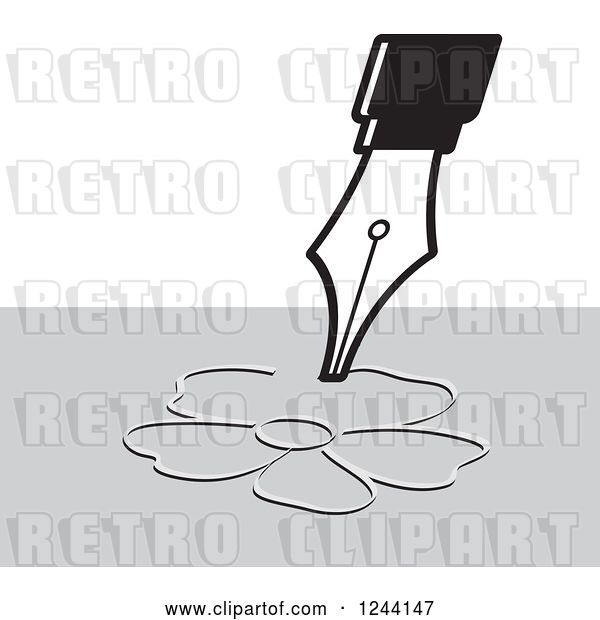 Vector Clip Art of Retro Fountain Pen Nib Drawing a Flower on Gray