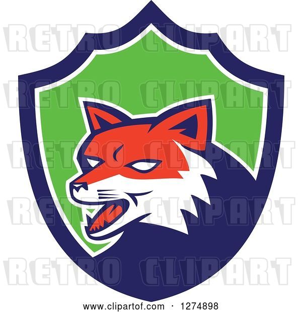 Vector Clip Art of Retro Fox Head in a Blue White and Green Shield