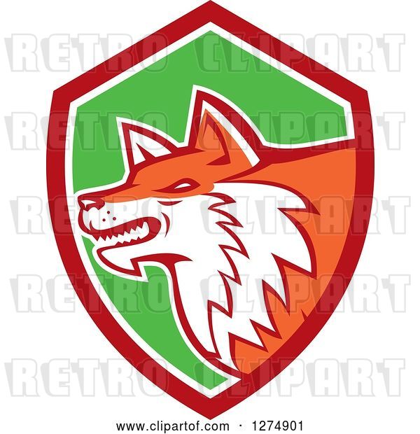 Vector Clip Art of Retro Fox Head in Profile Inside a Red White and Green Shield