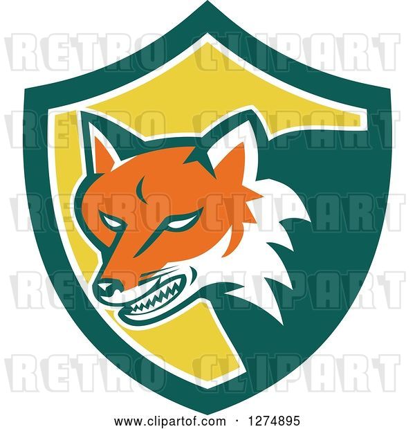 Vector Clip Art of Retro Fox Head Snarling in a Green White and Yellow Shield