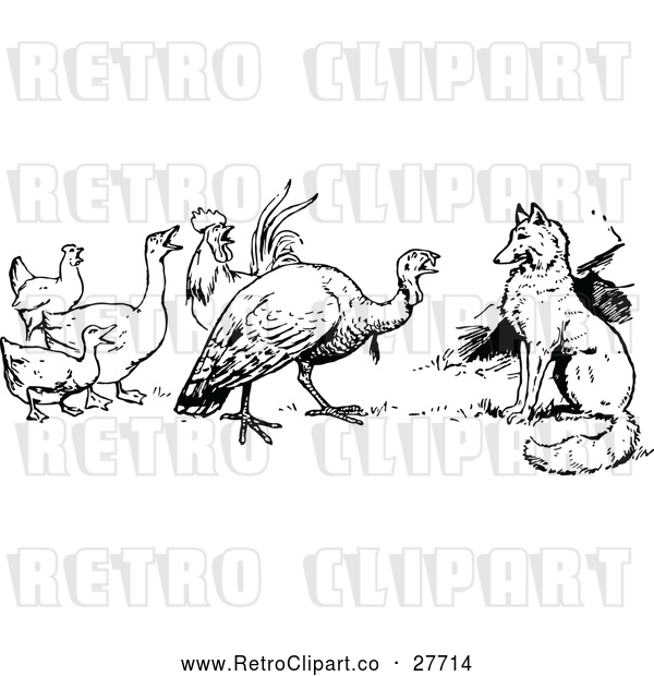 Vector Clip Art of Retro Fox Turkey and Birds