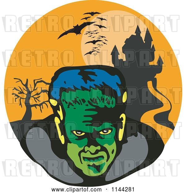 Vector Clip Art of Retro Frankenstein Bats and Haunted Mansion