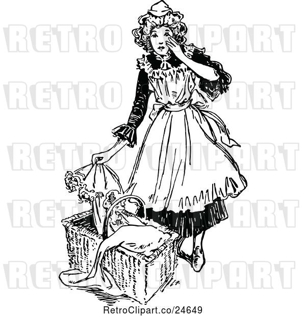 Vector Clip Art of Retro French Maid and Baby Basket
