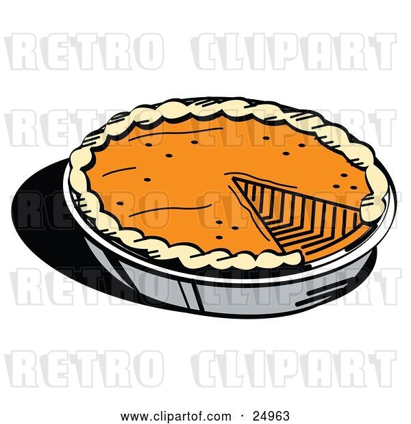 Vector Clip Art of Retro Fresh Thanksgiving Pumpkin Pie in a Pan, Missing One Slice