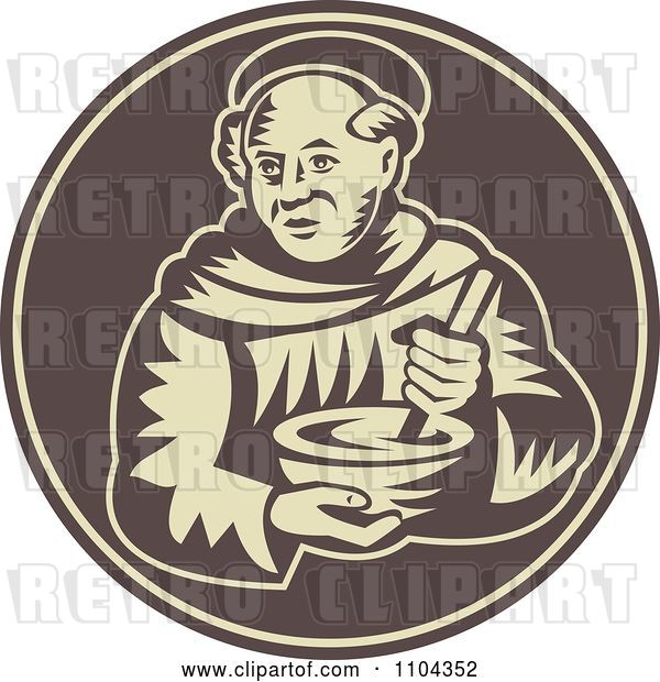 Vector Clip Art of Retro Friar Monk Mixing Food in a Bowl on a Brown Circle