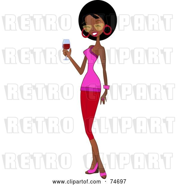 Vector Clip Art of Retro Friendly Black Lady Holding a Glass of Red Wine
