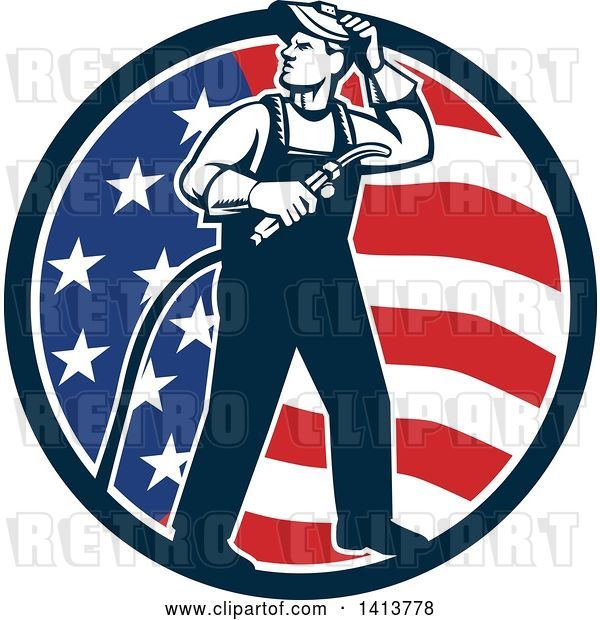 Vector Clip Art of Retro Full Length Male Welder Looking Back over His Shoulder in an American Flag Circle