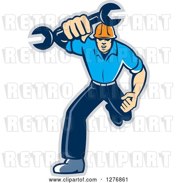 Vector Clip Art of Retro Full Length Mechanic Guy Running and Holding a Giant Spanner Wrench, with a Gray Outline