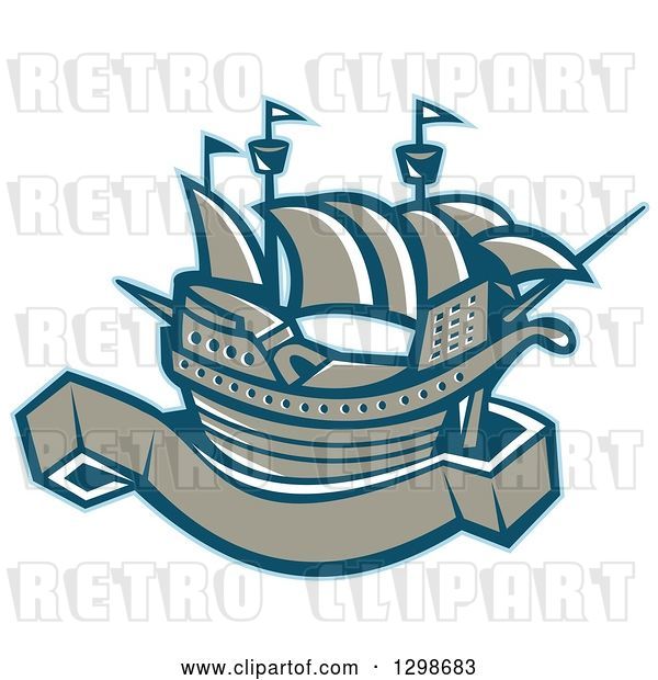 Vector Clip Art of Retro Galleon Ship with a Blank Banner Scroll