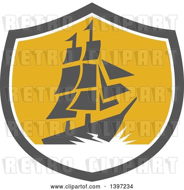 Vector Clip Art of Retro Galleon Ship with Lightning in a Gray White and Yellow Shield